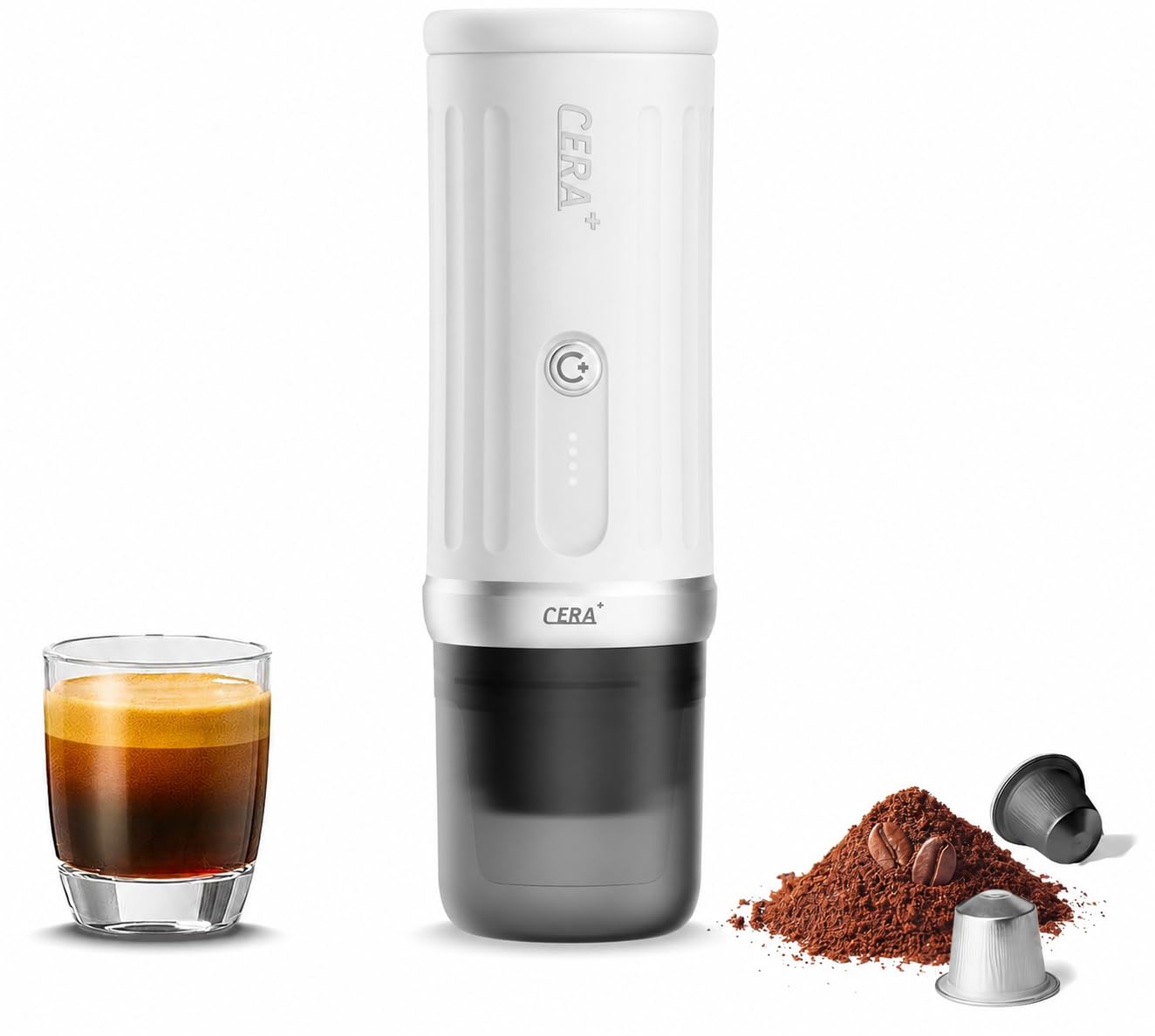CERA+ Máquina de café expreso portátil con calefacción automática, 20 bares de presión, batería para 8 tazas, compatible con cápsulas NS y café en polvo, cafetera eléctrica para camping, coche y