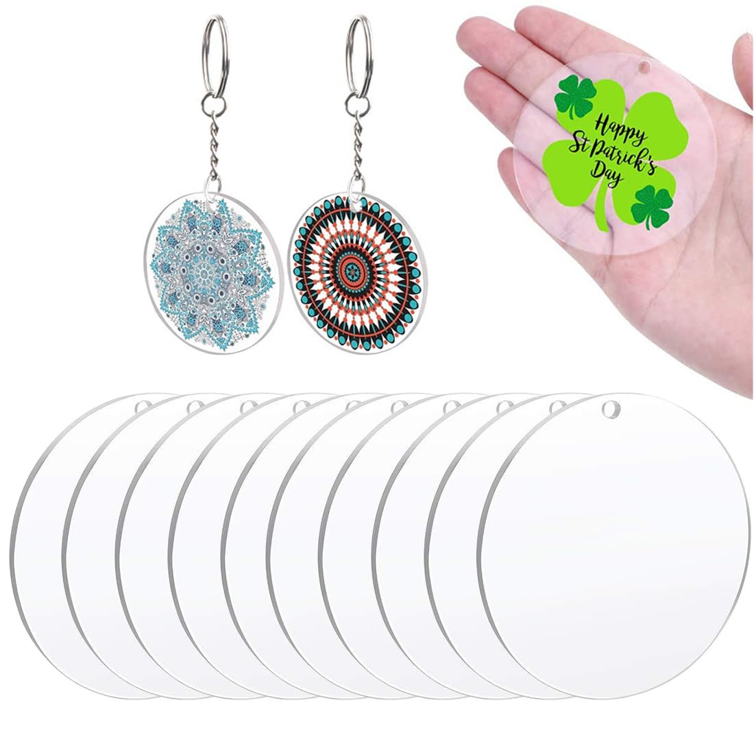 10 Pezzi Dischi in Acrilico Rotondi Con Foro, 10cm Cerchio Trasparente Fogli, Pannello Rotondo, Disco Vuoto Per Portachiavi, Pittura, Fai Da Te