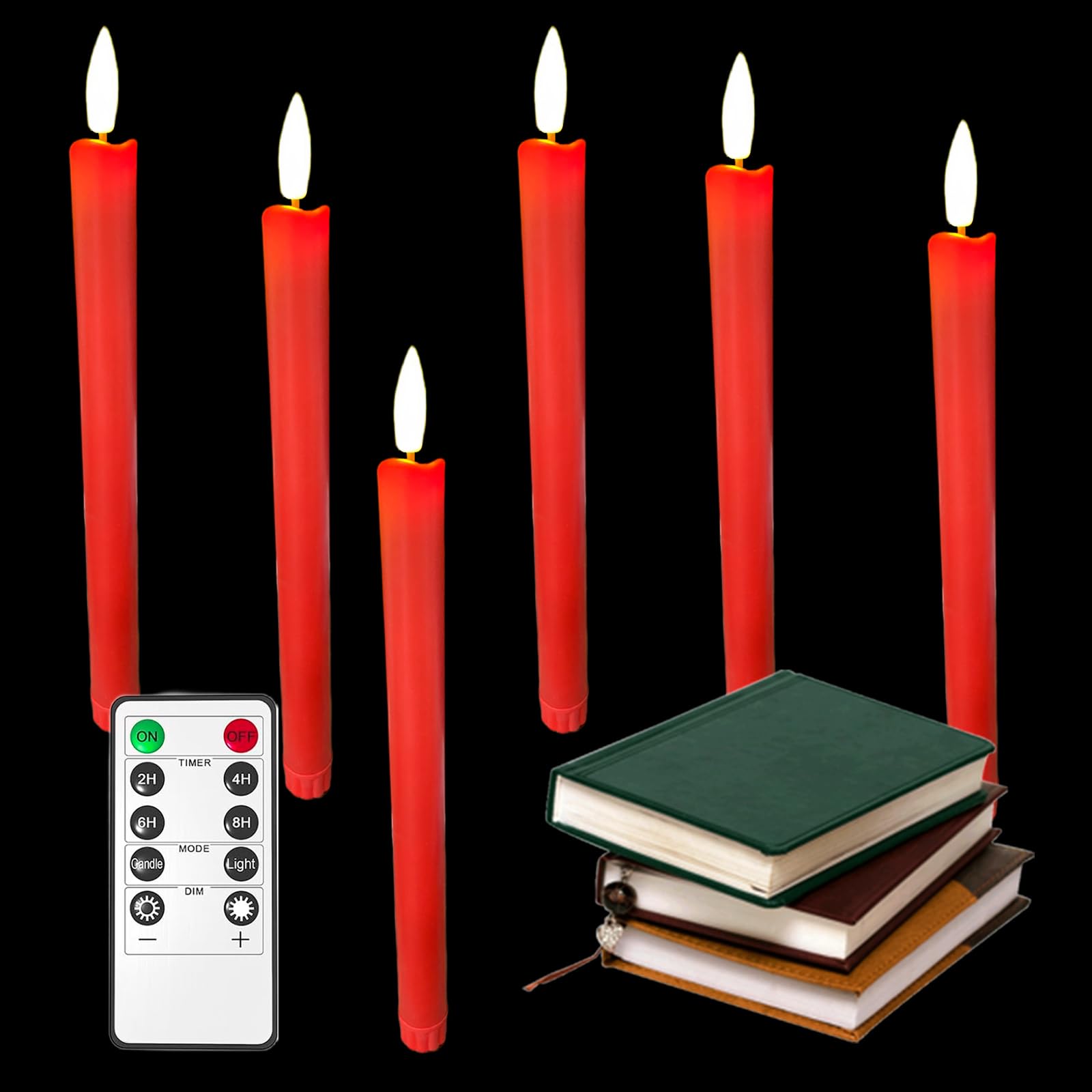 Sporgo 6 velas LED de varilla: velas LED con función de temporizador, velas rojas sin llama, velas de Navidad con mando a distancia, para Adviento, Navidad, decoración de bodas