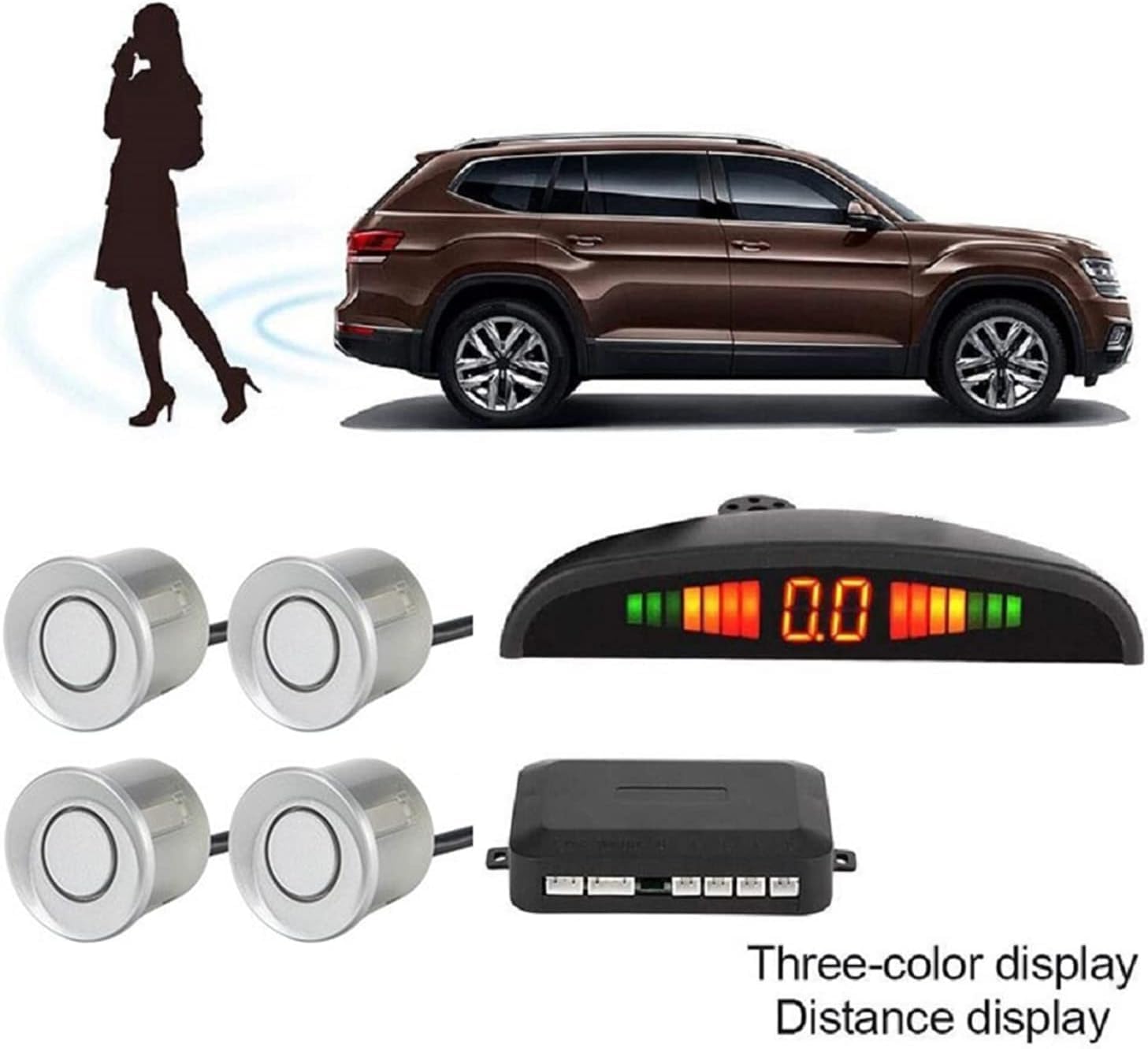 SQUADO - Sensore di Parcheggio Kit Desplay LED Acustico Auto Reverse Backup di Sistema + 4 Sensori (grigio)