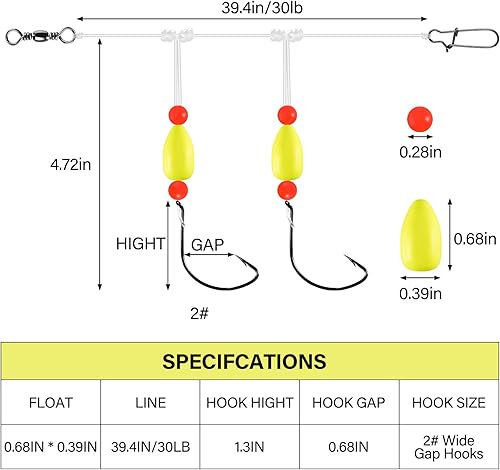 Miniatura 3 de Alwonder Paquete de 5 aparejos de pesca Pompano con flotadores Snell, aparejo giratorio de cebo vivo de agua salada, broches de presión de doble