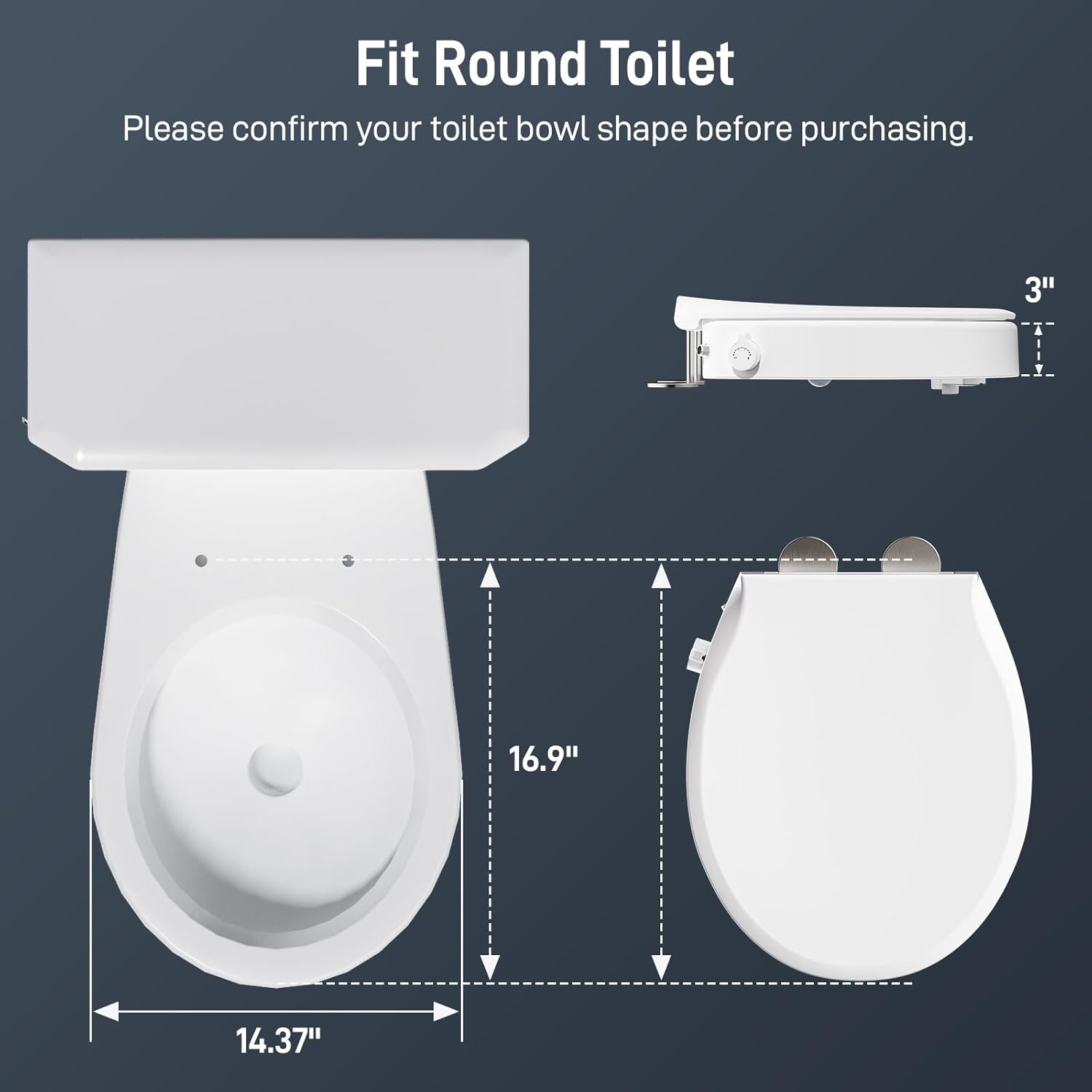 BIGCOW Raised Toilet Seat with Bidet - Round, Soft Close, 3" Height - Dual Nozzle (Frontal & Rear Wash) with Adjustable Cold Water Pressure and Stainless Steel Inlet (Round)