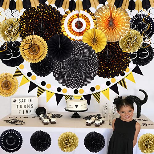 Image of Moon Boat 35PCS Party Decorations Paper Fan Hanging Set - Birthday,Graduation,Baby Shower,Wedding,Retirement,Black and Gold Decor（Black）