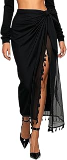 SAIIURV Womens Beach Pareos, Beach Wrap for Women, Long Chiffon Swimsuit Cover Up, Swimsuit Wrap Skirts for Swimwear, Beach Coverups Chiffon Sarong Bikini Cover Up, Beachwear Bikini Shawl Tops (Black)