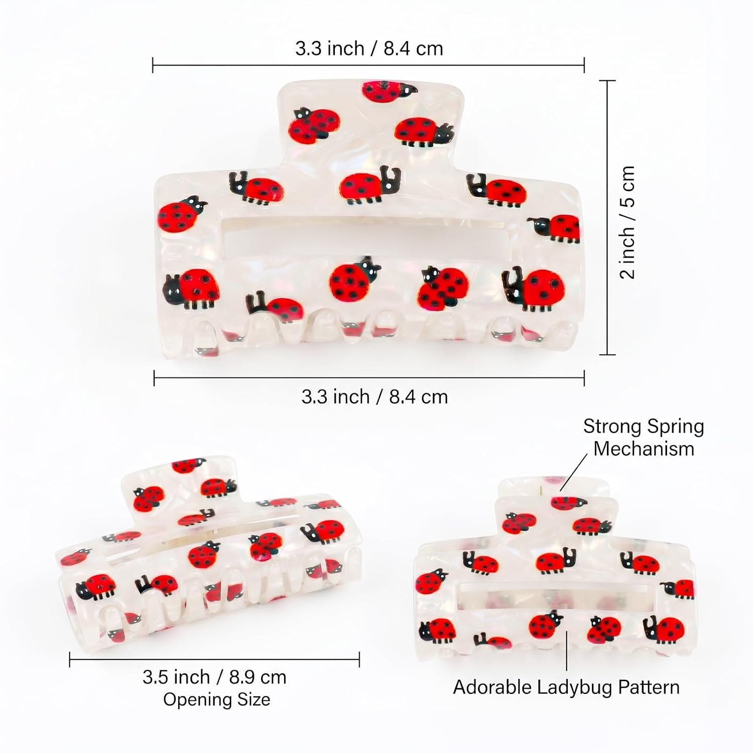 Cute Red Ladybug Hair Claw Clips for Women Pearlescent White Jaw Clamp Large Rectangle Claws Clip for Thick Non-Slip Rectangular Cottagecore Accessories for Birthday Party Summer Back to School 1Pcs image 2