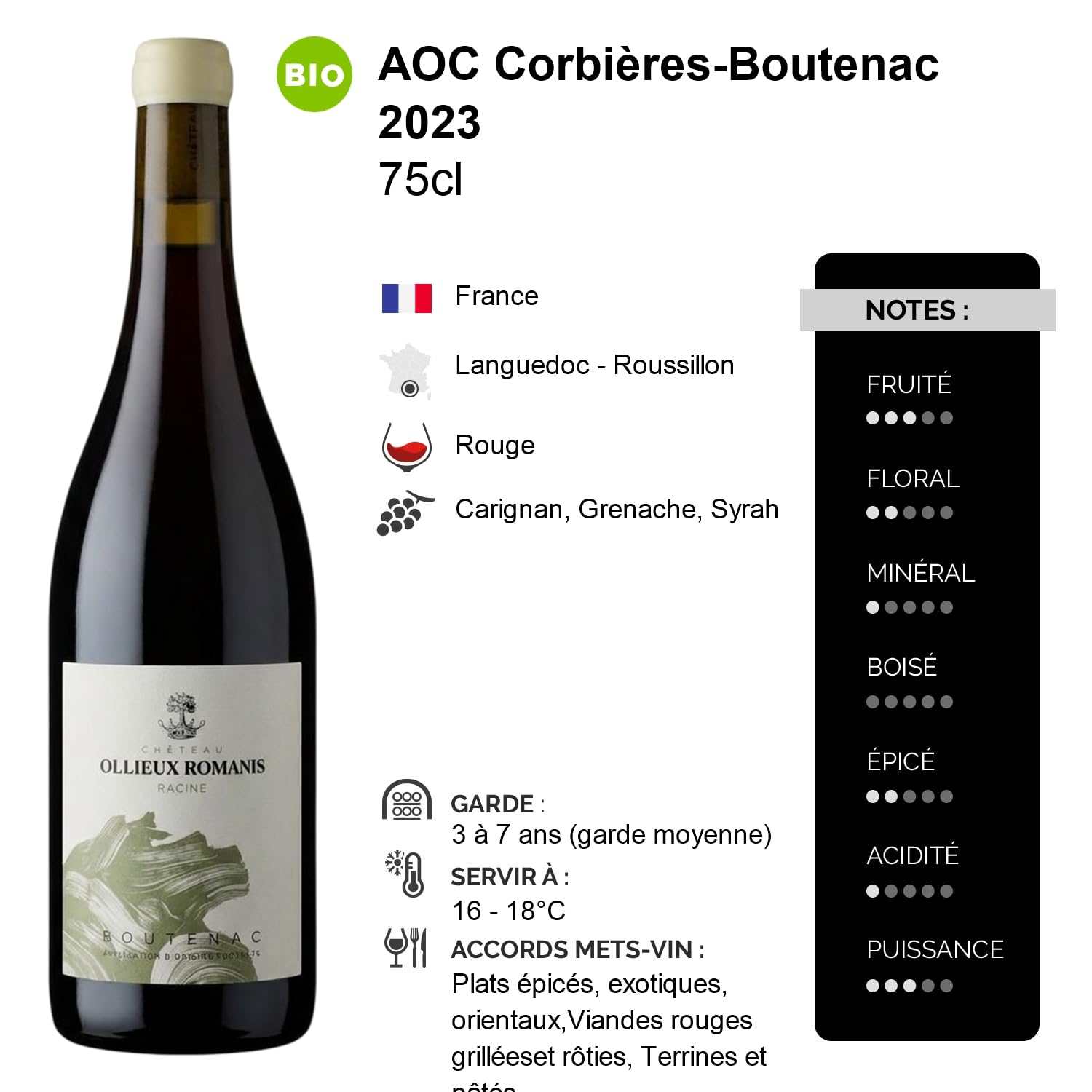 Corbières-Boutenac Racine - Rouge 2023 - Château Ollieux Romanis - Vin Rouge du Languedoc - Roussillon (3x75cl) BIO