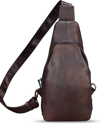 Miniatura 6 de Bolso de cuero genuino para mujeres y hombres hecho a mano de cuero bandolera mochila pecho bolso bandolera bandolera, Café, Mochilas Sling