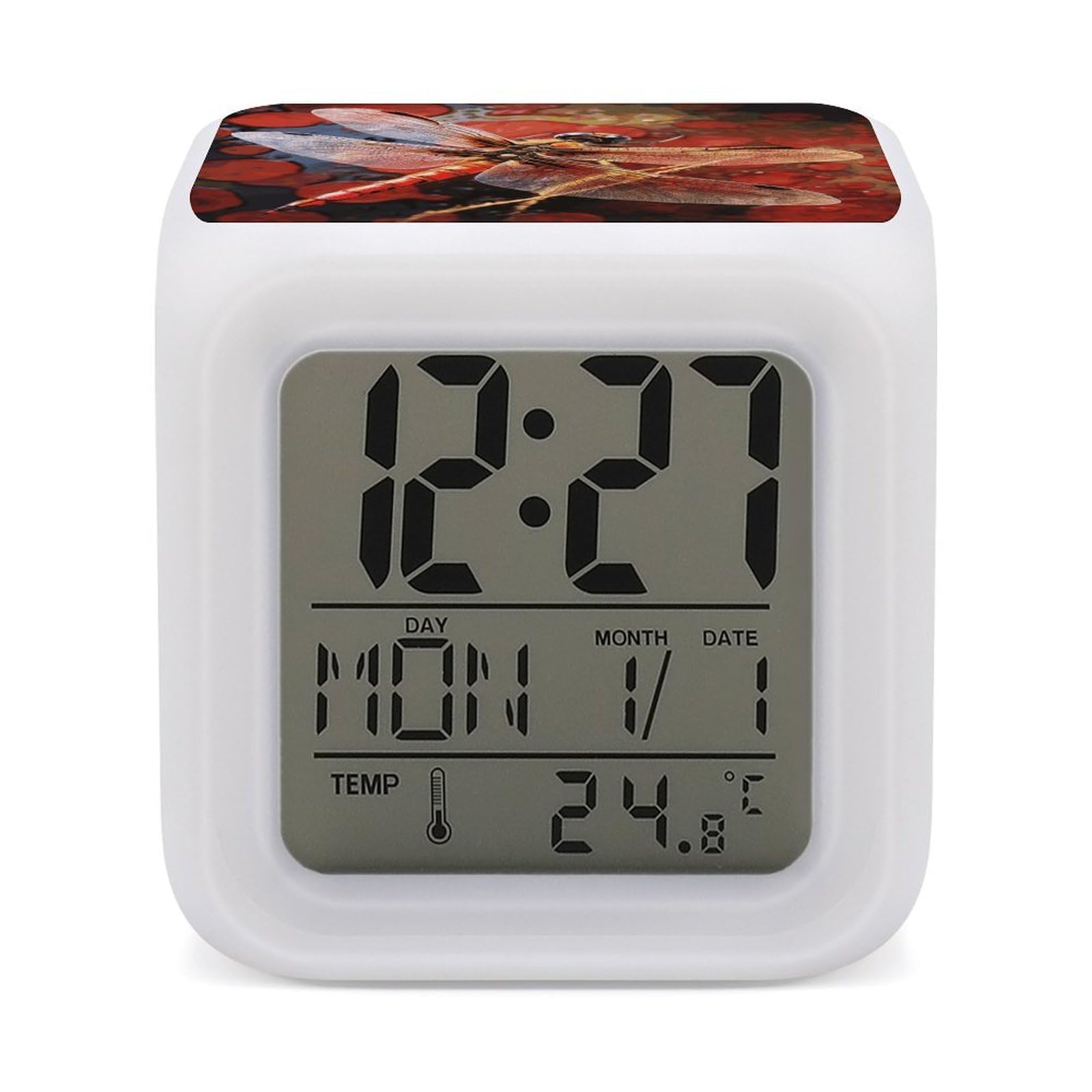 FekiLoot Red Dragonfly Alarm Clock for Heavy Sleepers Small Digital Alarm Clock with Date Temperature Wake Up Digital Clocks with 7 Colors Changing Desk Clocks for Bedroom Bedside Nightstand