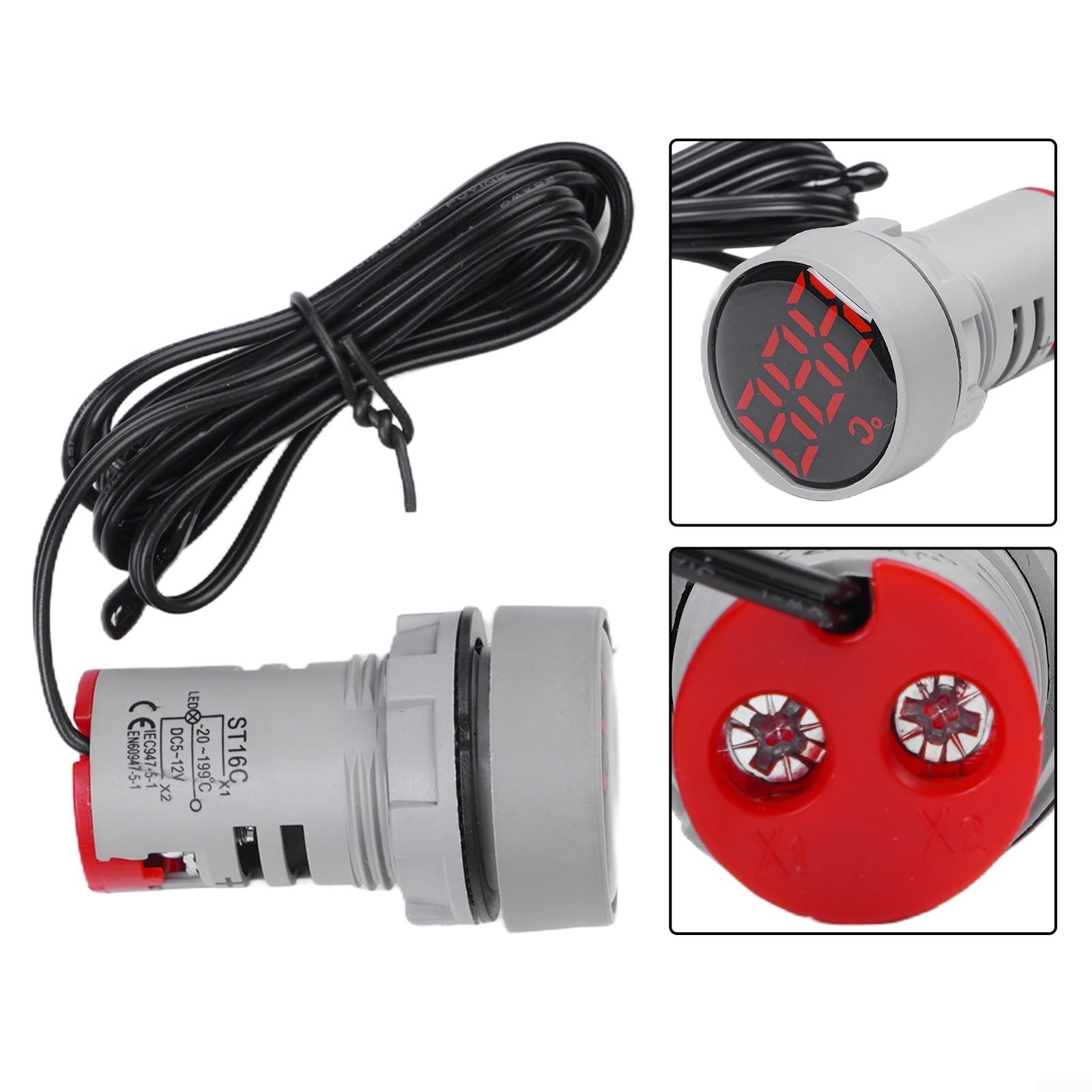 Termómetro digital compacto de 22 mm con LED transparente, indicador de temperatura redondo DC 5V-12V, para sistemas de control rojo (DC5-12V)
