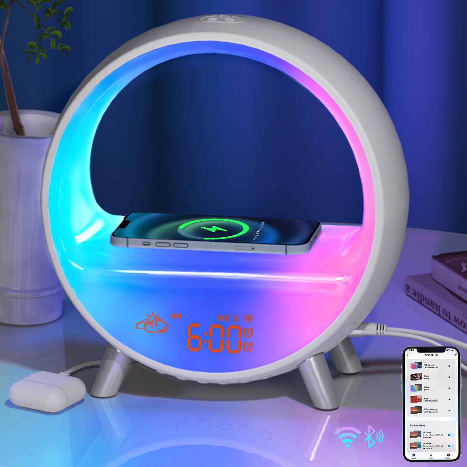 MOMILLA Sunrise Wecker mit kabellosem Ladegerät, Lautsprecher, Bluetooth, kabellos