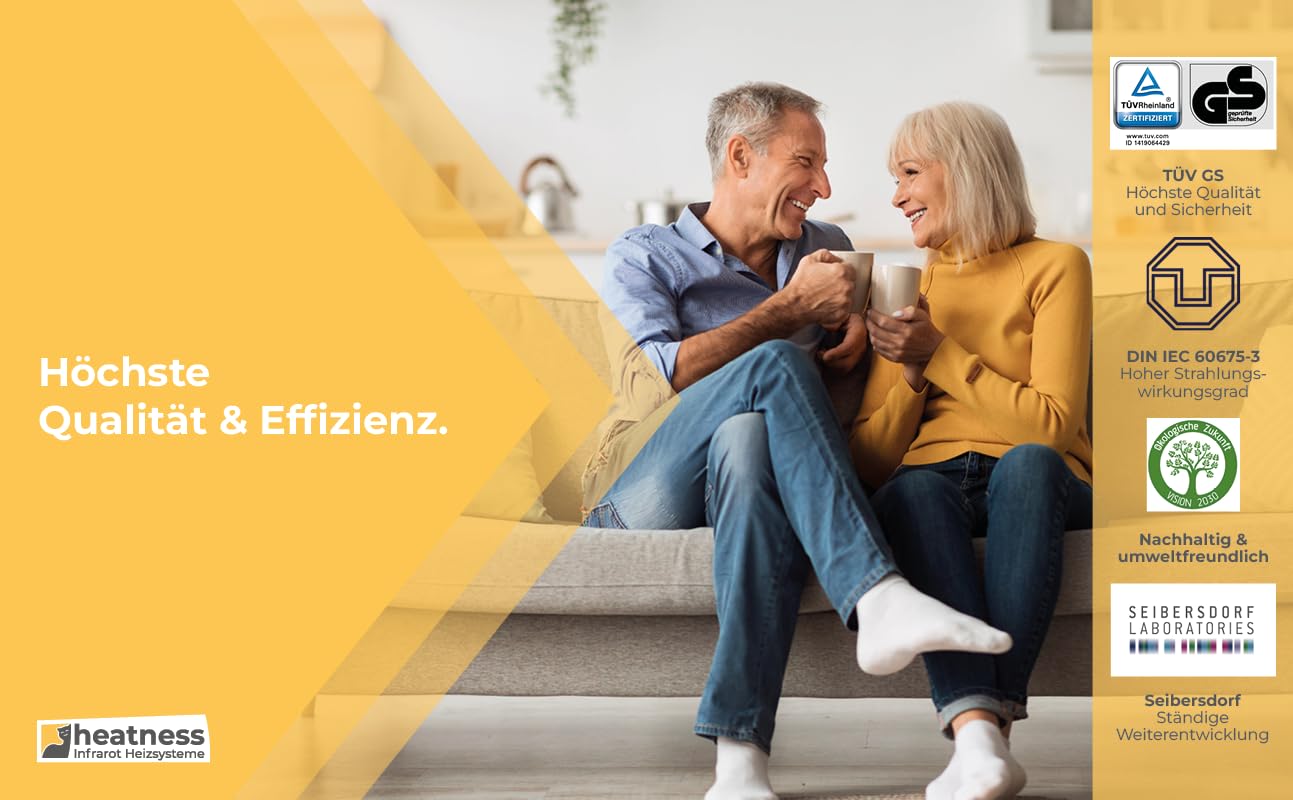 heatness Ogrzewanie na podczerwień, lustro ścienne, L z ramą – energooszczędne ogrzewanie ścienne, 600 W, łącznie z termostatem, grzejnik do montażu na ścianie, 60 x 90 x 2,5 cm, do 10 m²