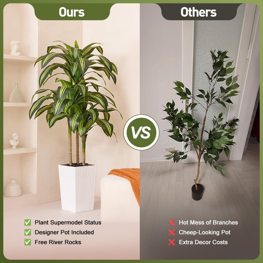 Artificial Dracaena Tree 5FT - UV Resistant Faux Tree with Large Taper Planter & Pebbles - Tall Fake Plants Indoor & Outdoor, Potted Floor Plant for Home Living Room Porch Decor, VN127