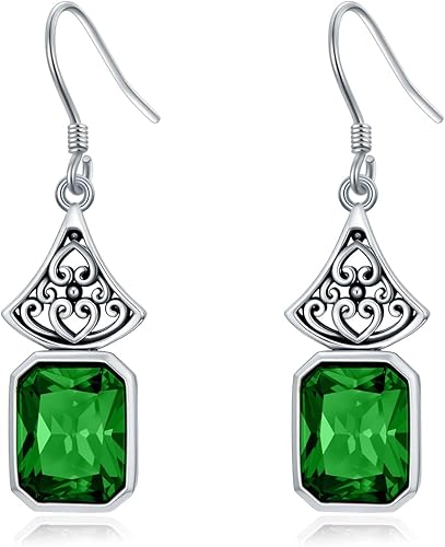 Vintage Earrings 925 Sterling Silver Oxidized Dangle Drop Earrings with Green Em