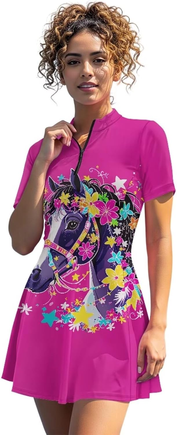 Camo Tennis Dress Women 2 Sets Pink Cherry Flower Golf Dress with Built in Shorts Colorblock Cow Sports Activewear