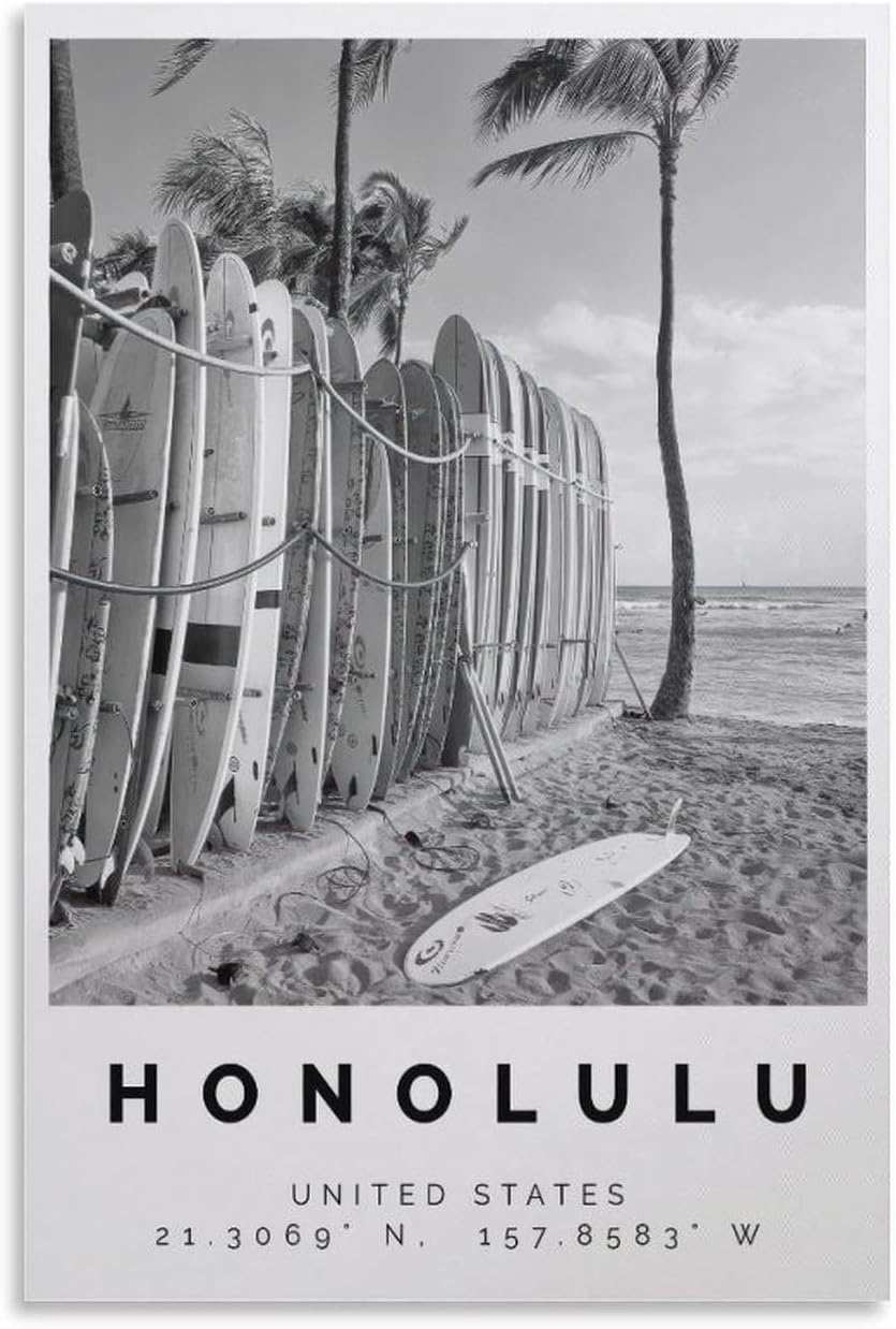 Honolulu Poster Black And White Featuring Surfboards, Palm Trees & Ocean View Canvas Wall Art Aesthetic Decorative Painting Living Room Restaurants, Pool Halls And Hotelsstyle 12x18inch(30x45cm)