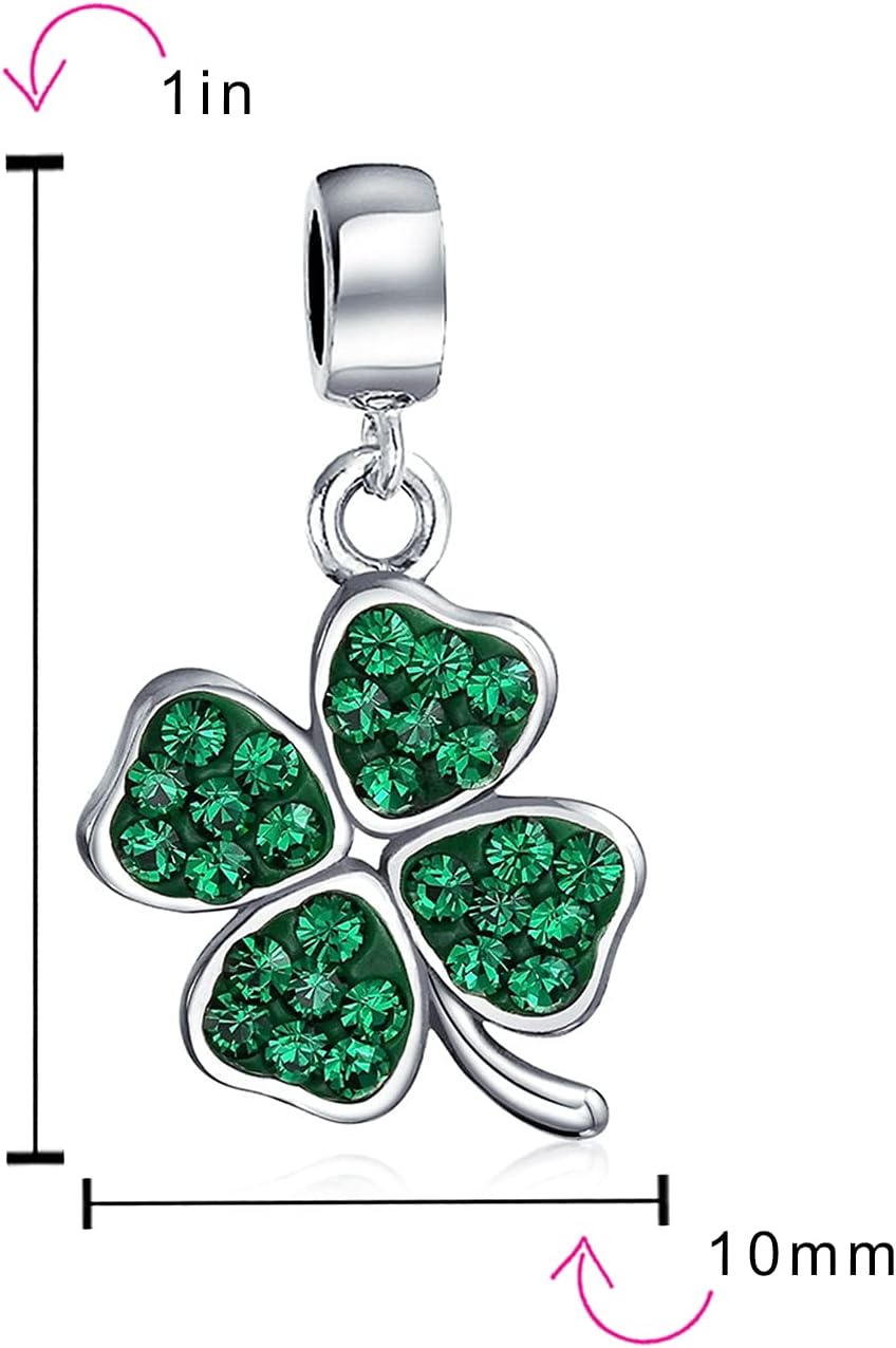 Bling Jewelry Celtic Lucky Good Luck Leaf Green Crystal Shamrock Irish Clover Dangle Bead Charm For Women .925 Sterling Silver