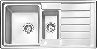 JASSFERRY Premium Kitchen Sink Square Style Stainless Steel 1.5 Bowl Inset Reversible Drainer & Strainer Waste Pipes Clips - 10 Years Warranty
