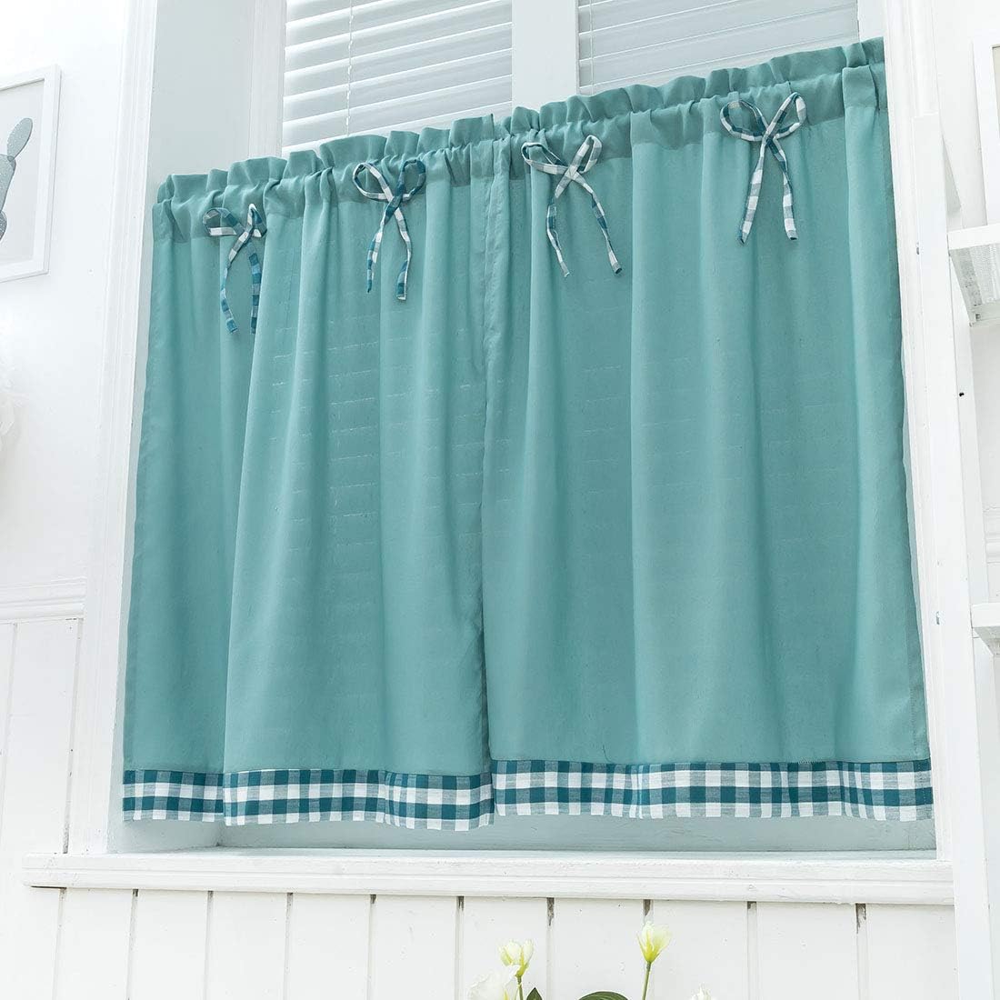 vctops Farmhouse Window Kitchen Tier Set Bow-Knot Decorative Small Cafe Curtains with Rod Pocket, 2 Pieces (54" x 36", Blue)