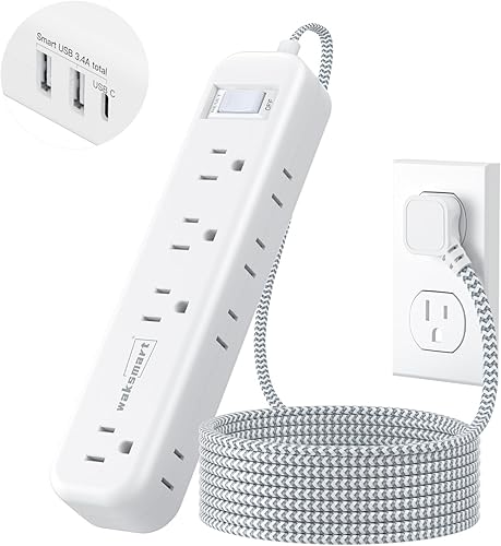 Regleta protectora de sobretensiones  Cable de extensión plano de 5 pies con múltiples tomas, enchufe plano ultrafino, 8 salidas de CA, 3 USB de