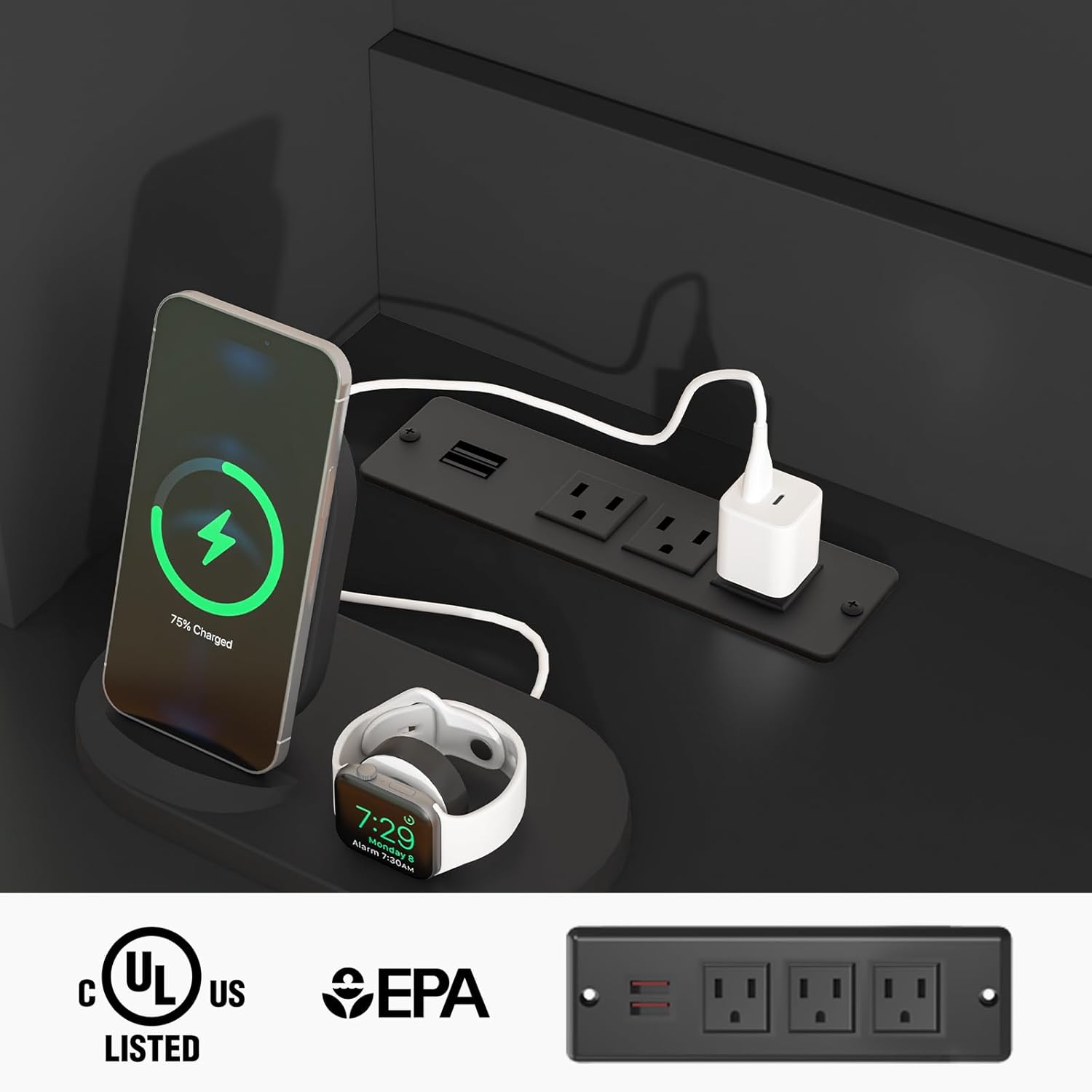 Vabches Farmhouse 47" Executive Desk, Computer Desk with 2 Drawers and Storage Cabinet, Home Office Desk with Hutch, Charging Hub, Workspace for Work and Study,Pure Black