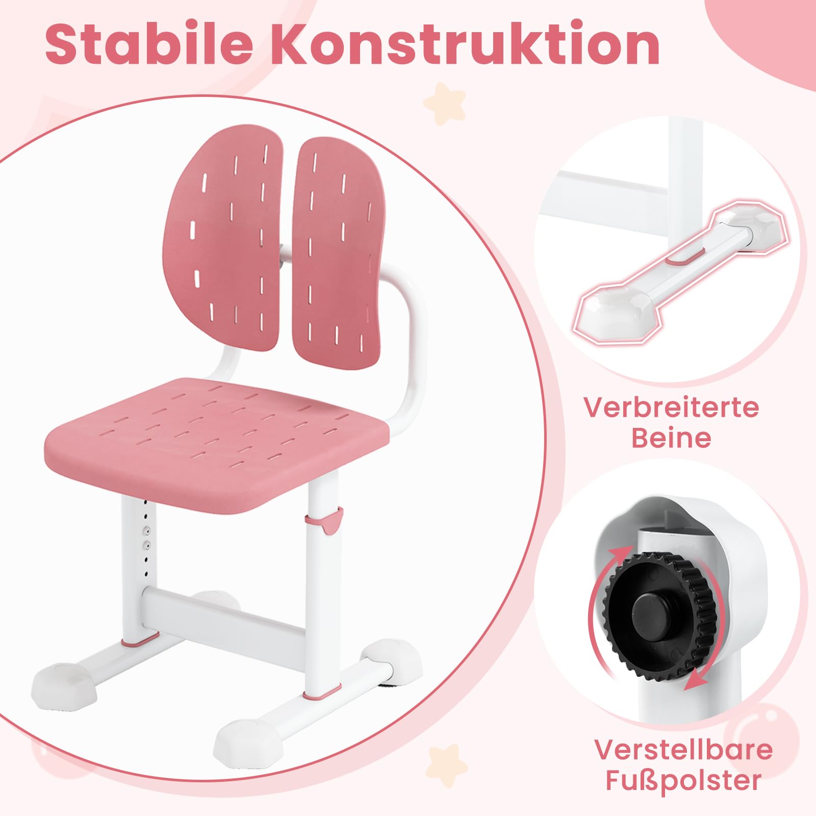 COSTWAY Schreibtischstuhl Kinder, 29,5-37,5cm höhenverstellbar, Kinderschreibtischstuhl mit doppelter Rückenlehne, armloser Bürostuhl ohne Rollen, Kinderstuhl für Jungen & Mädchen ab 3 Jahren (Rosa)