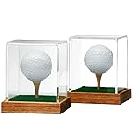 JupDec Golf Ball Display Case Clear Acrylic Memorabilia Stand Cube Holder with Wood Base & Tee, Dust Protection Transparent Storage Box for Single Ball Souvenir Golfball Collections, Brown, 2 Pack