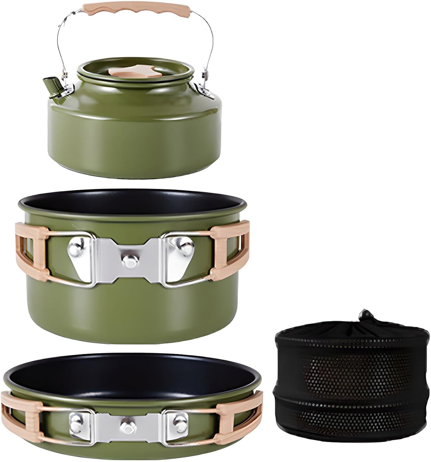 Set di 3 pentole da campeggio con pentola, padella e bollitore antiaderenti
