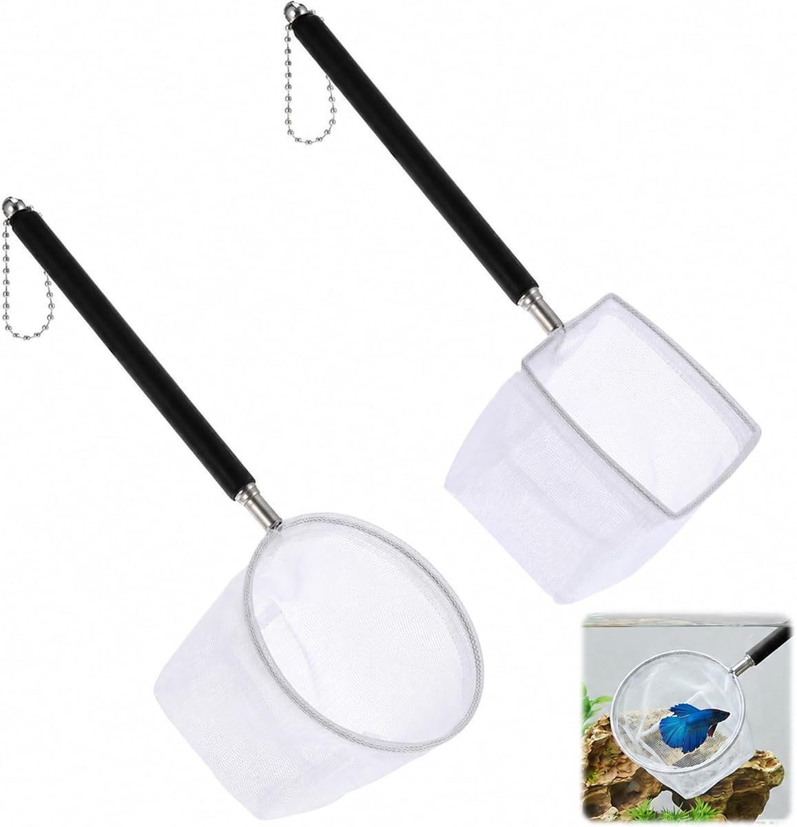 Red de acuario de 2 piezas, redes de peces de acero inoxidable para acuario, red de pecera pequeña con mango extensible de acero inoxidable, malla fina redonda para acuario para camarones, peces bebés, alimentos, residuos, desnatado
