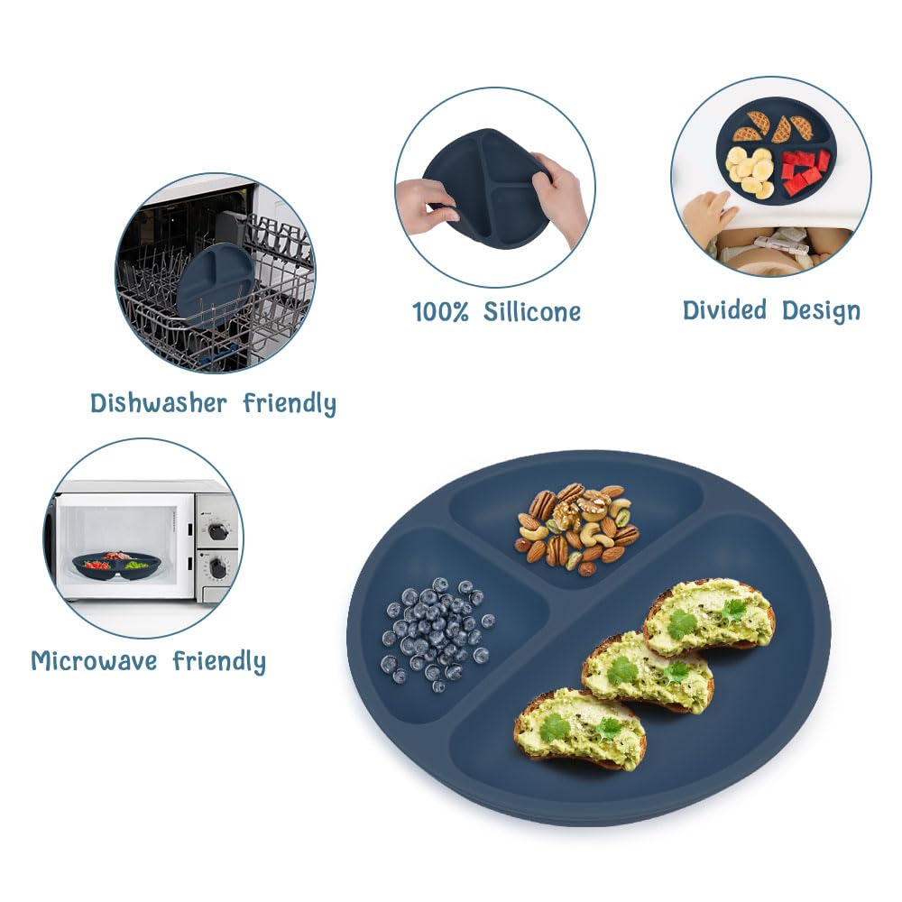 Aolso Assiettes en Silicone avec Ventouse, 2PCS Assiette Ventouse, Ustensiles, Incassable Divisées- Passe Au Lave-vaisselle et Au Micro-ondes (Marron/Gris foncé)