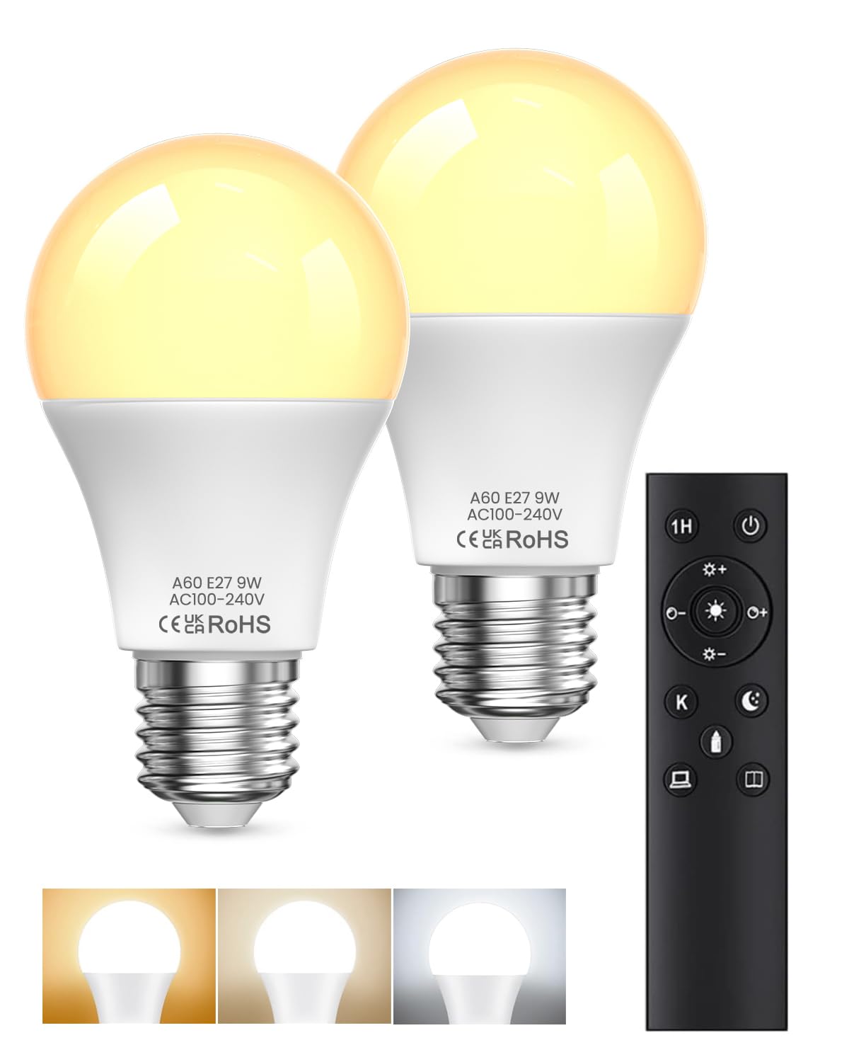 A19 LED Light Bulbs with Remote Control, 9W LED Bulbs 60W Equivalent, 3000K-6000K Stepless Dimmable, E27 Base, Remote Control Light Bulbs with Timing, Memory Function, for Home Decor, 2Bulb & 1Remote