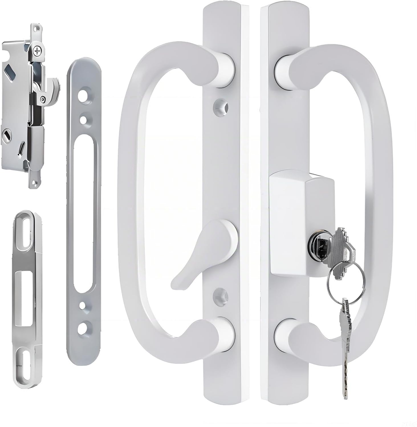 Offset Sliding Patio Door Handle Set with Mortise Lock & Keys | 45° Keyway | Fits 1-3/8" to 2" Doors | 3-15/16" Hole Spacing | Zinc Alloy | Non-Handed | White Diecast