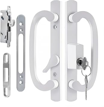 Offset Sliding Patio Door Handle Set with Mortise Lock & Keys | 45 Keyway | Fits 1-3/8" to 2" Doors | 3-15/16" Hole Spacing | Zinc Alloy | Non-Handed | White Diecast