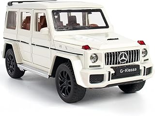 نموذج سيارة لعبة مرسيدس بنز G63 AMG بلون أبيض قابلة للاقتناء مصبوبة من خليط معدني تعمل بالسحب للخلف مع مؤثرات ضوئية وصوتية