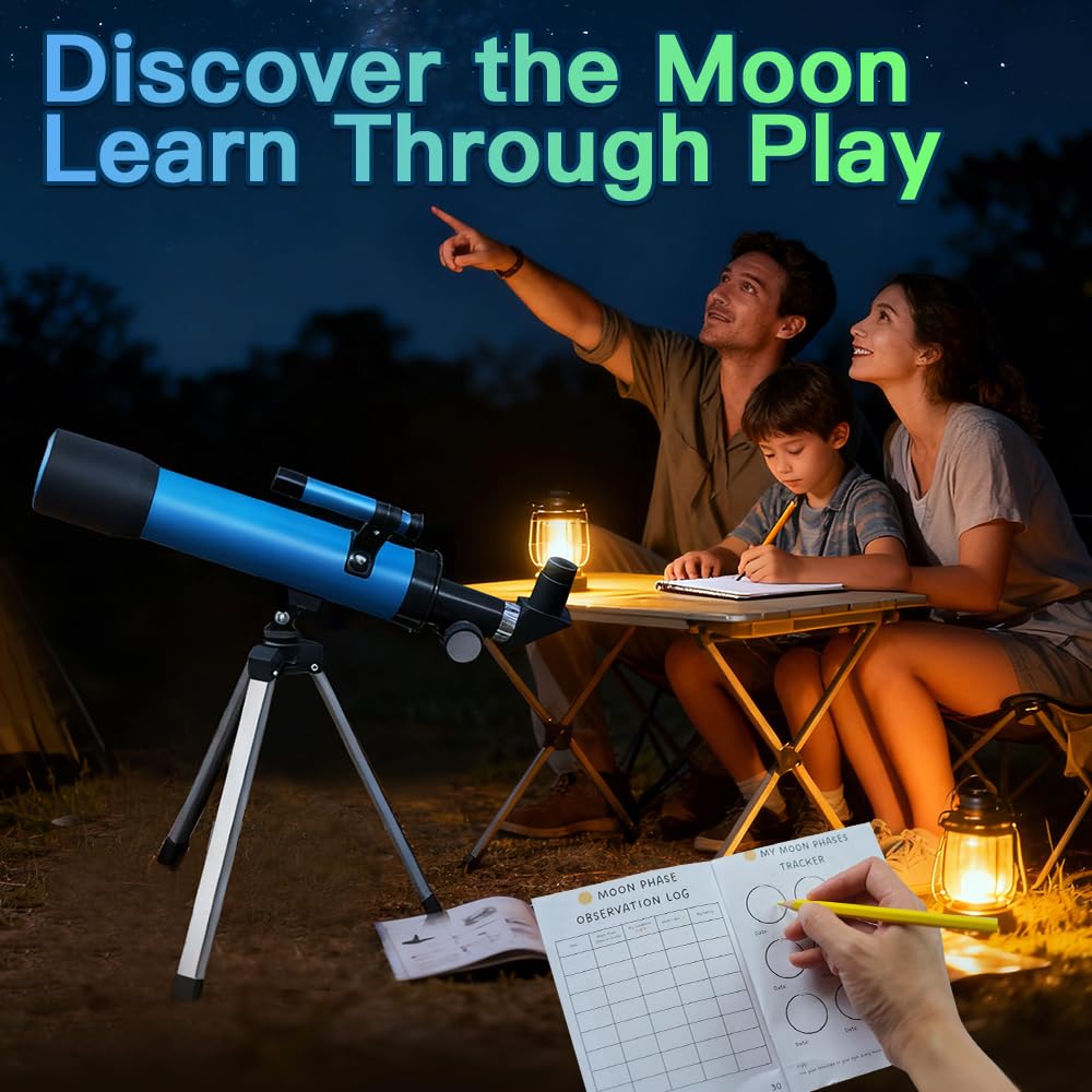 Telescopio astronómico para niños de 8 a 12 años con trípode, para principiantes, apertura de 50 mm, regalo educativo para niños y niñas de 6 a 12 años, portátil, 2 oculares 20X-66X