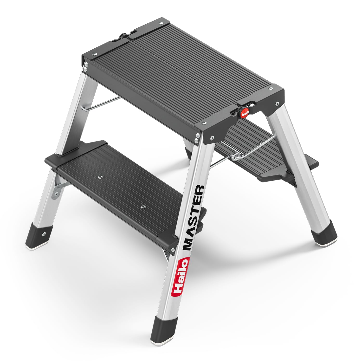 Hailo Master D70 Alu-Trittleiter 2x2 Stufen, EN 14183, bis 150 kg, Silber | Beidseitig begehbare Klappleiter, rutschhemmende Stufen, gummierte Füße, kompakt