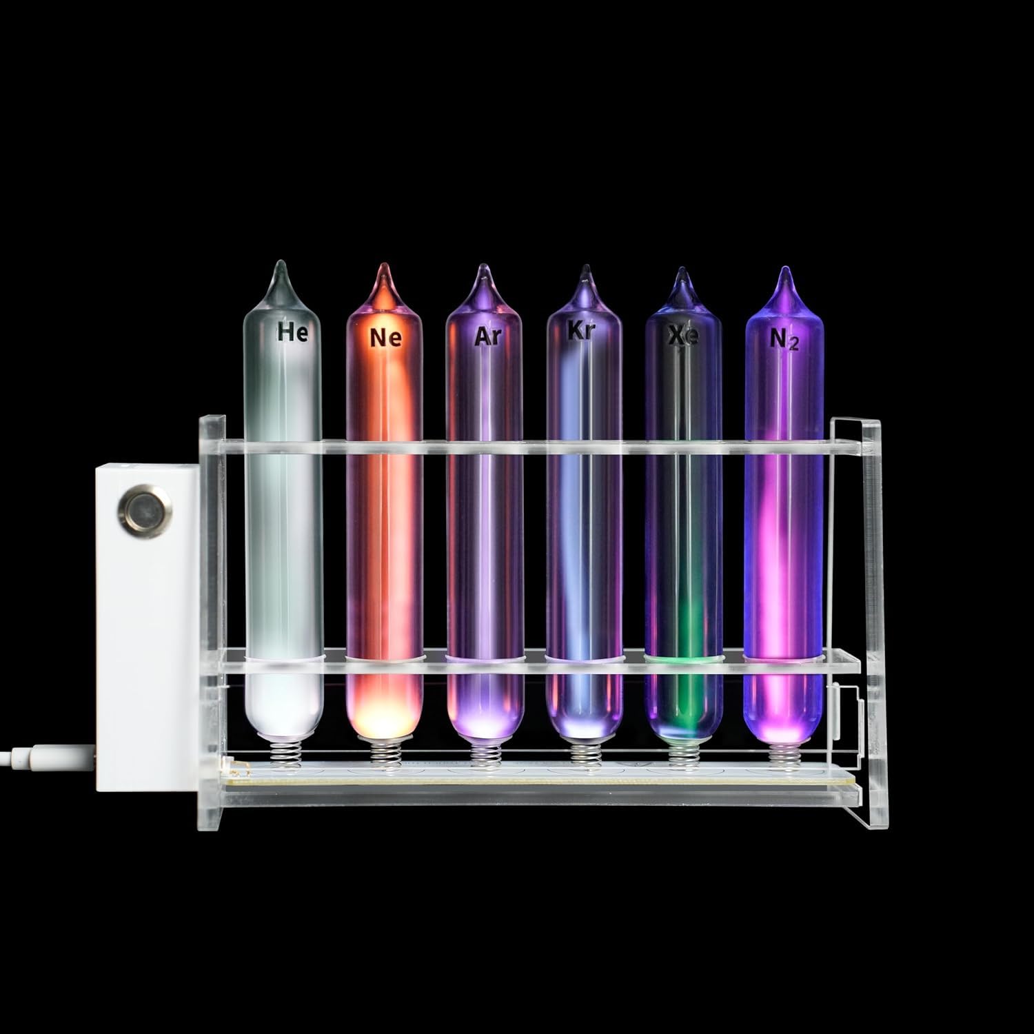 Demonstrationsset Für Gasentladungslumineszenz, 6 Versiegelte Edelgas-glasröhren, Inklusive Kreisförmiger Anregungshalterung Für Den Physik- Und Chemieunterricht