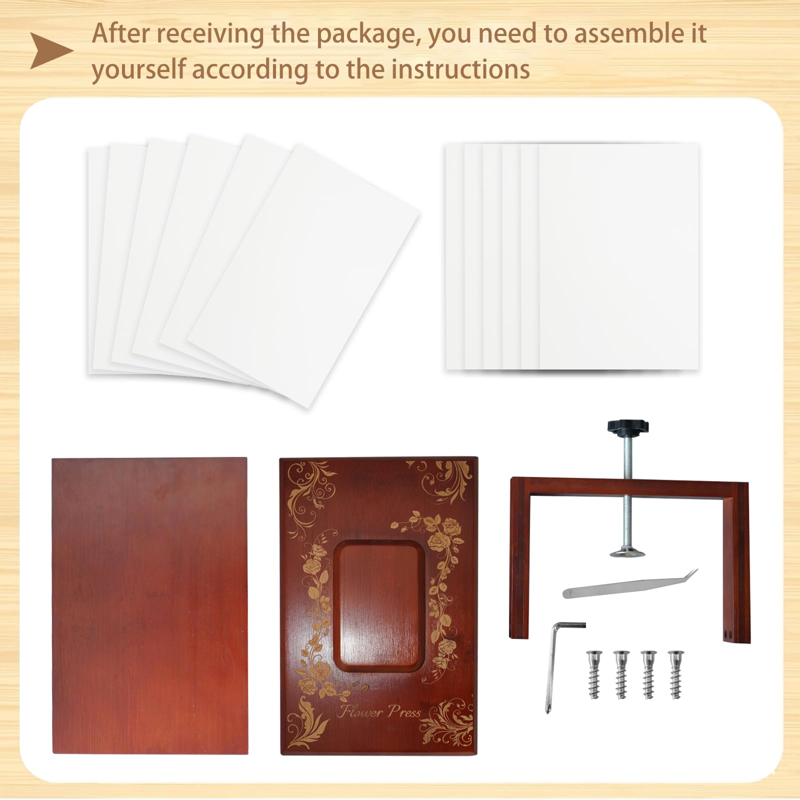 Whemyreat Pressa per Fiori in Legno per Rilegatura, Set Fai da te e Bricolage per Piante Floreali Pressate, Pressa di Carta per Libri con 6 Pezzi di Carta
