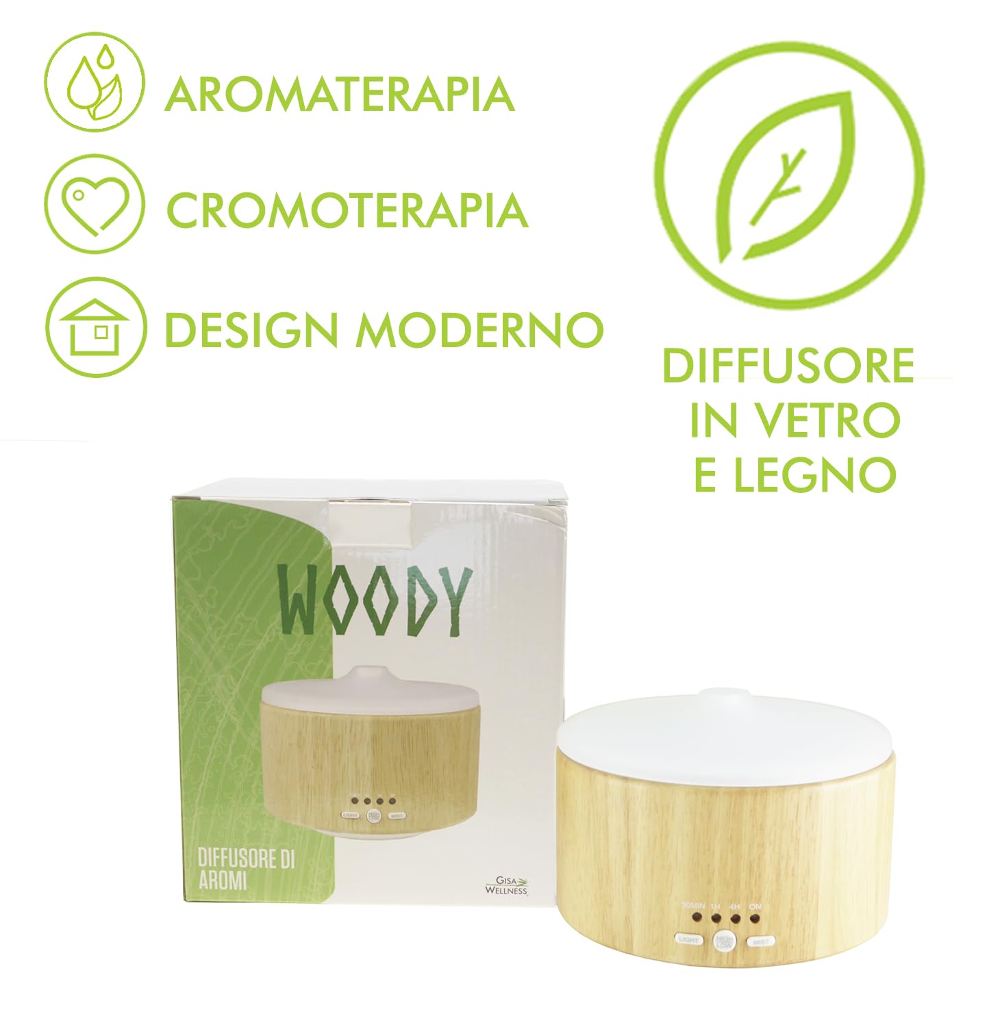 Gisa Wellness - WOODY - Diffusore di Aromi ed Oli Essenziali ad Ultrasuoni - 250ml - Aromaterapia e Cromoterapia - Vetro e Legno - Timer, Durata 6h - Relax