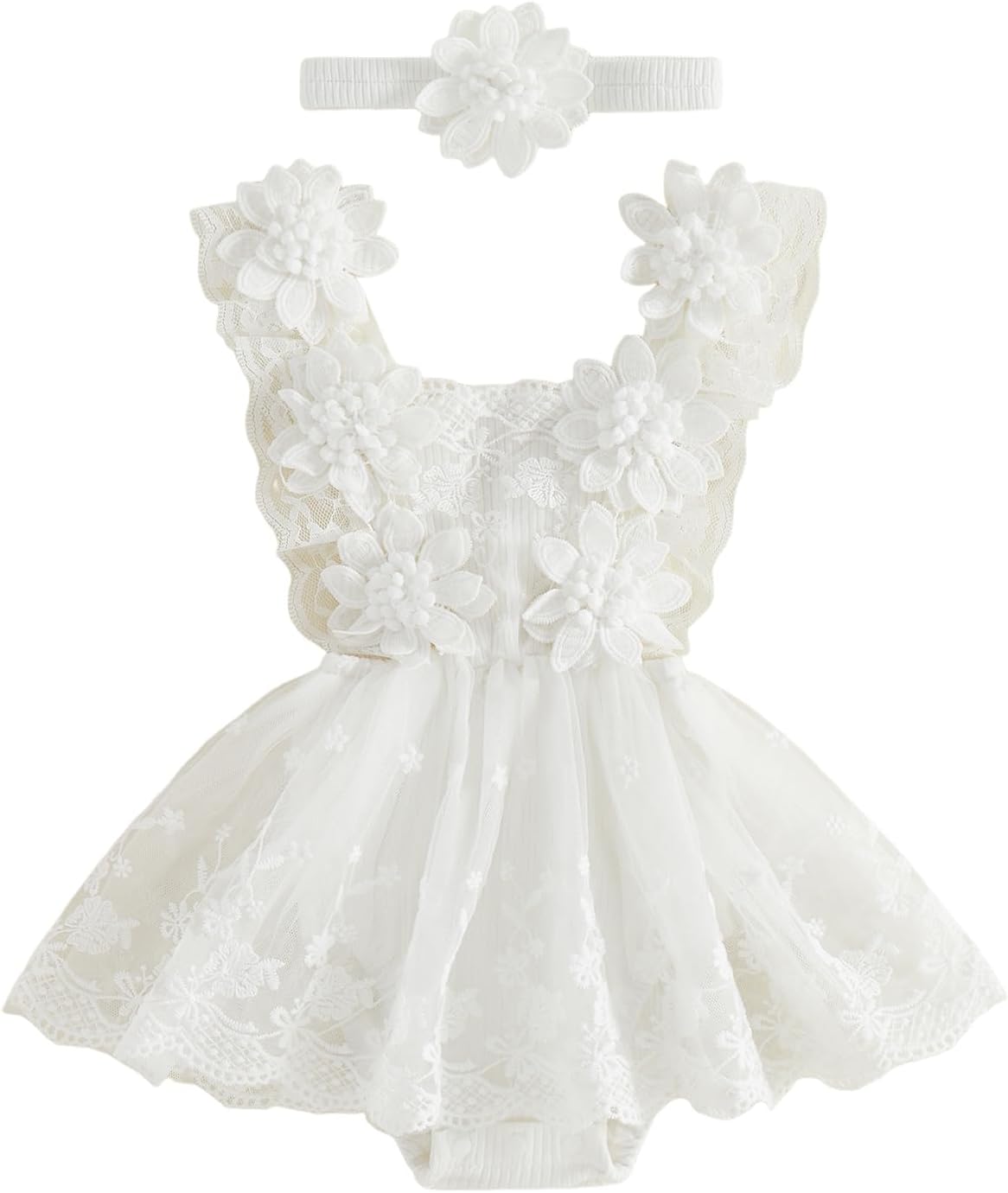 Newborn Baby Girl Romper Dress Lace Mesh Dress Jumpsuit Bodysuit Headband