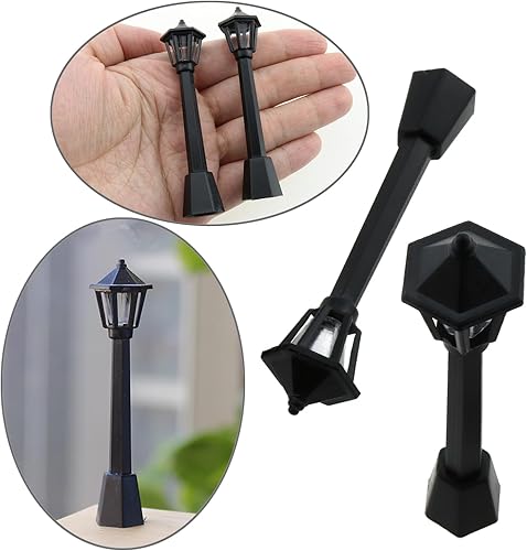 Miniatura 5 de 10pcs mini poste de lámpara de plástico negro miniatura tren ferrocarril lámpara poste luces calle luz modelo
