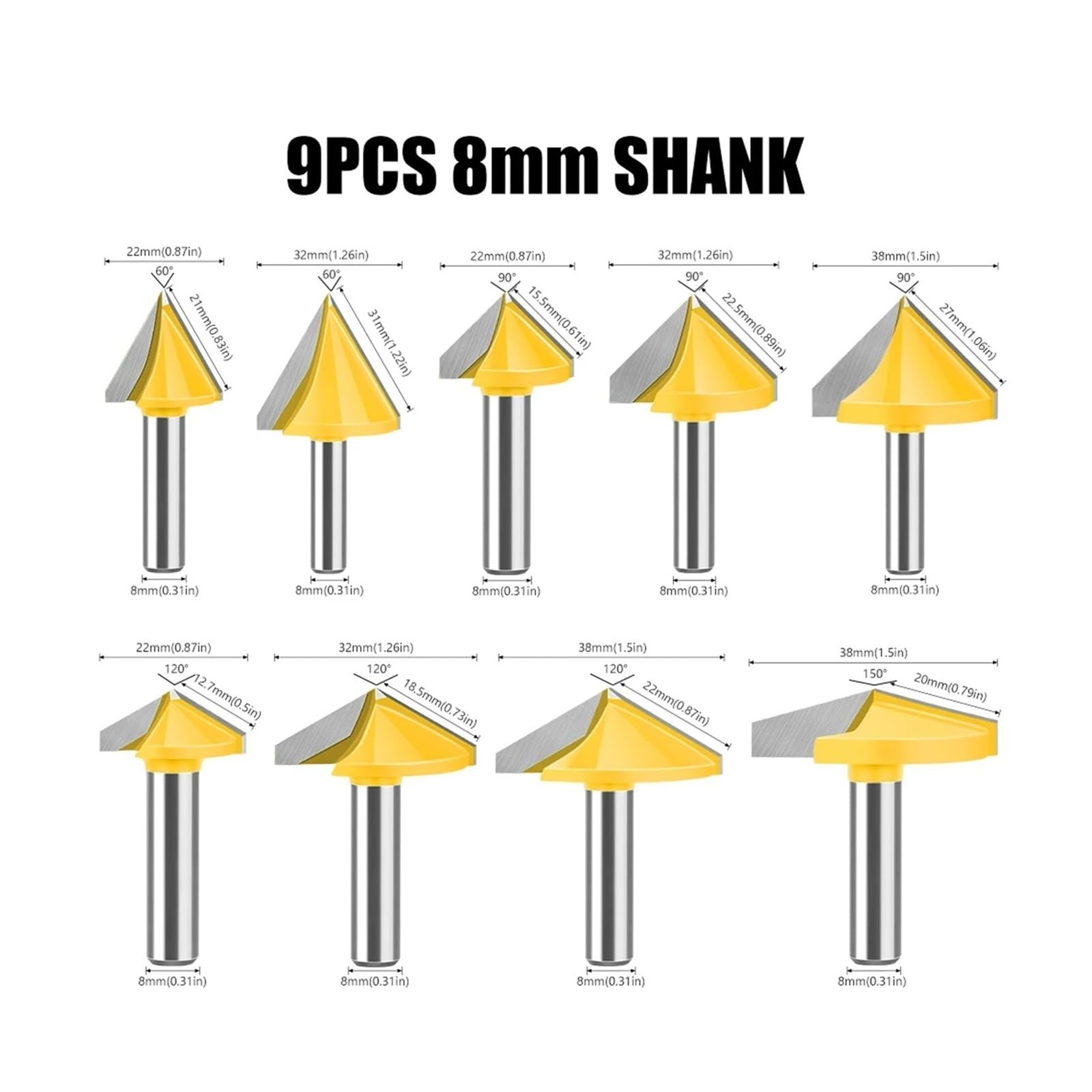 1 pieza/9 piezas de 8 mm, 60 grados, 90 grados y 120 grados, fresa 3D en forma de V, fresadora 3D, máquina de grabado, herramientas de carpintería(9PCS 8mm Shank)