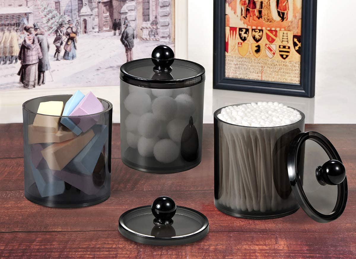 Zeinwap Cottonswab Storage Dispenser Set, Light Black Clear Acrylic Apothecary Jar for Bathroom Vanity Organizer, Home Apartment Modern Bathroom Decor, Cotton Ball Box (Pack of 2) 3