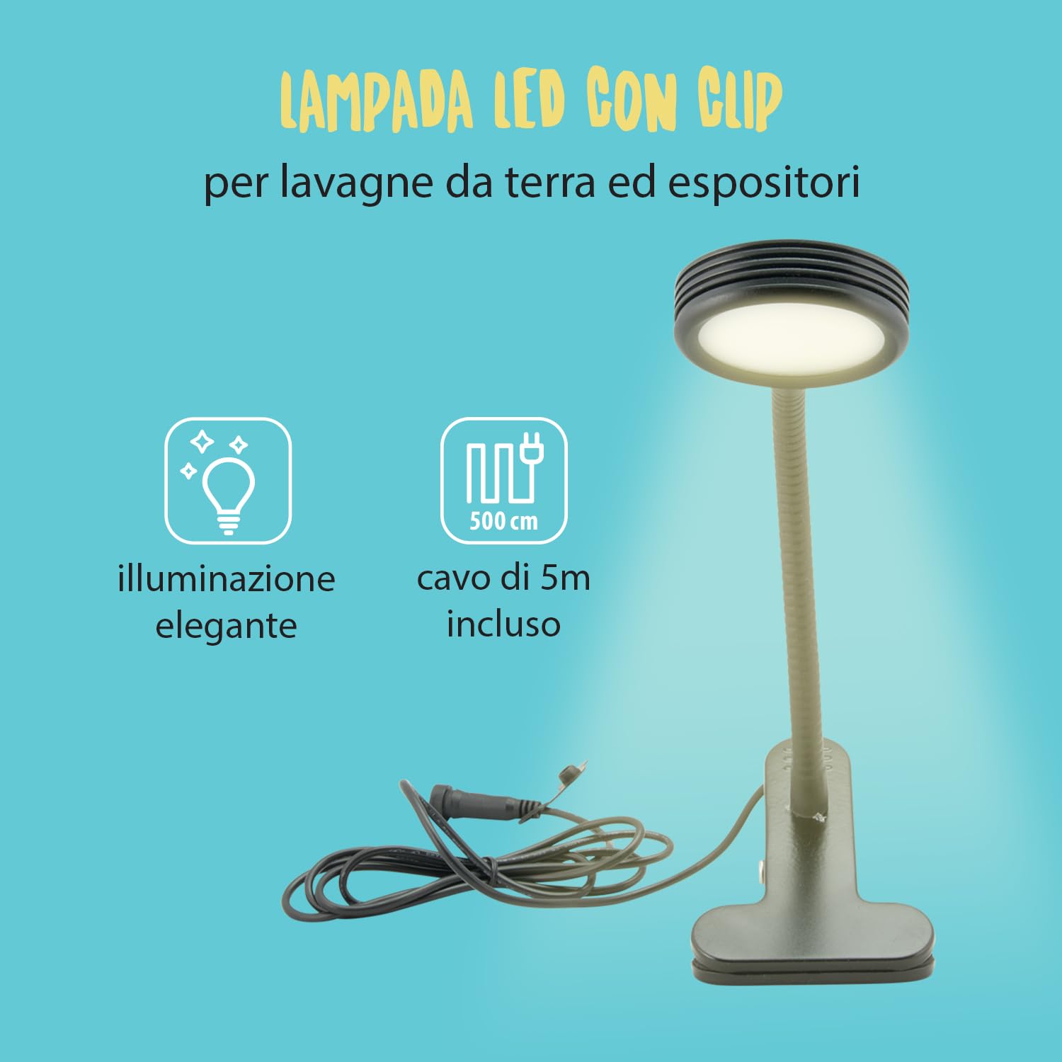 SECURIT - Lampada LED con Attacco a Clip - Cavo 1,5 m - Colore Nero | Luce LED Regolabile - Uso Interno ed Esterno - Fissaggio a Clip Rapido