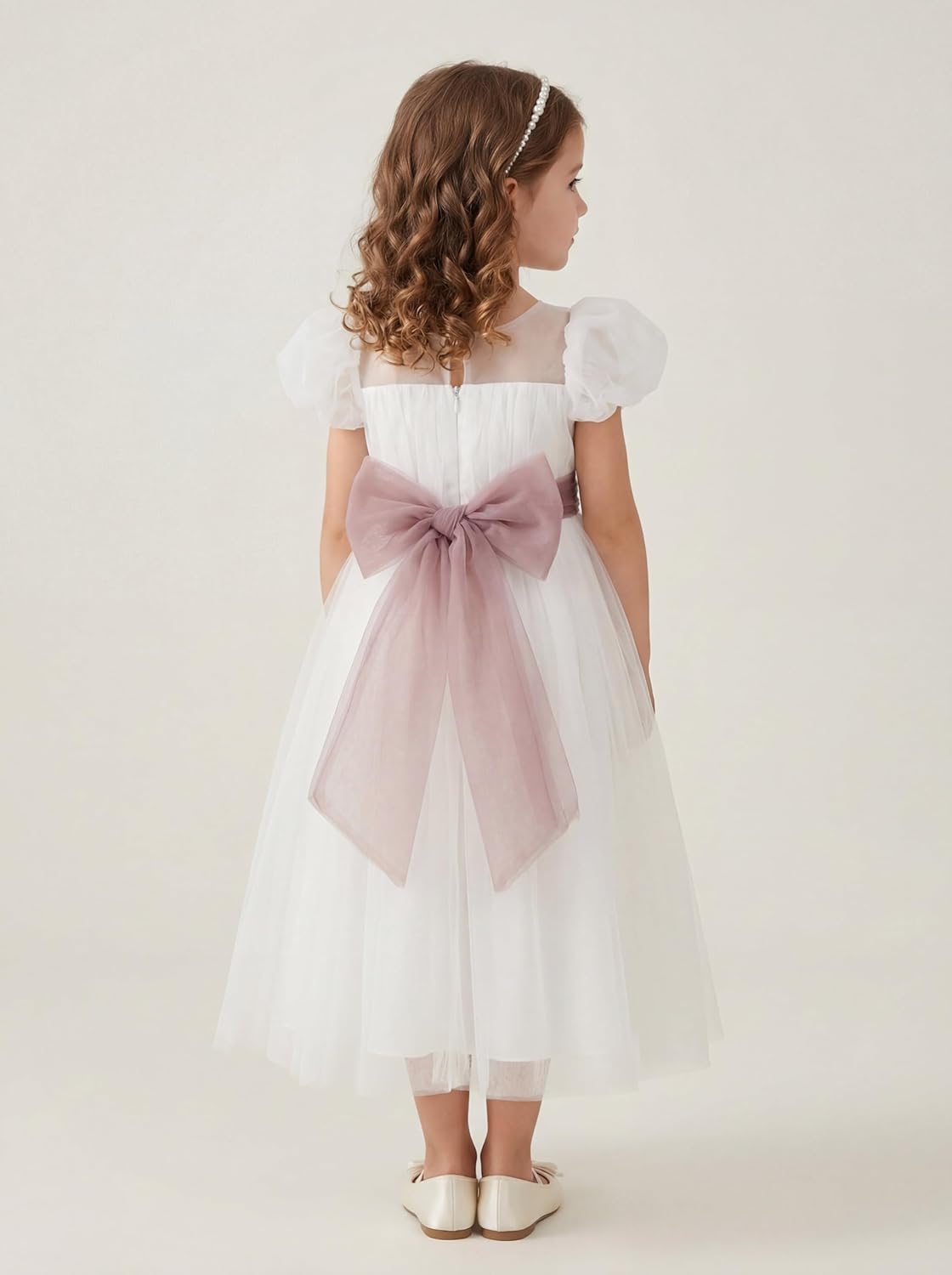 LalaMira Flower Girl Dress Tulle 3D Rose Floral Sash Big Bow Puffy Sleeve Wedding Party Princess Gown Toddler