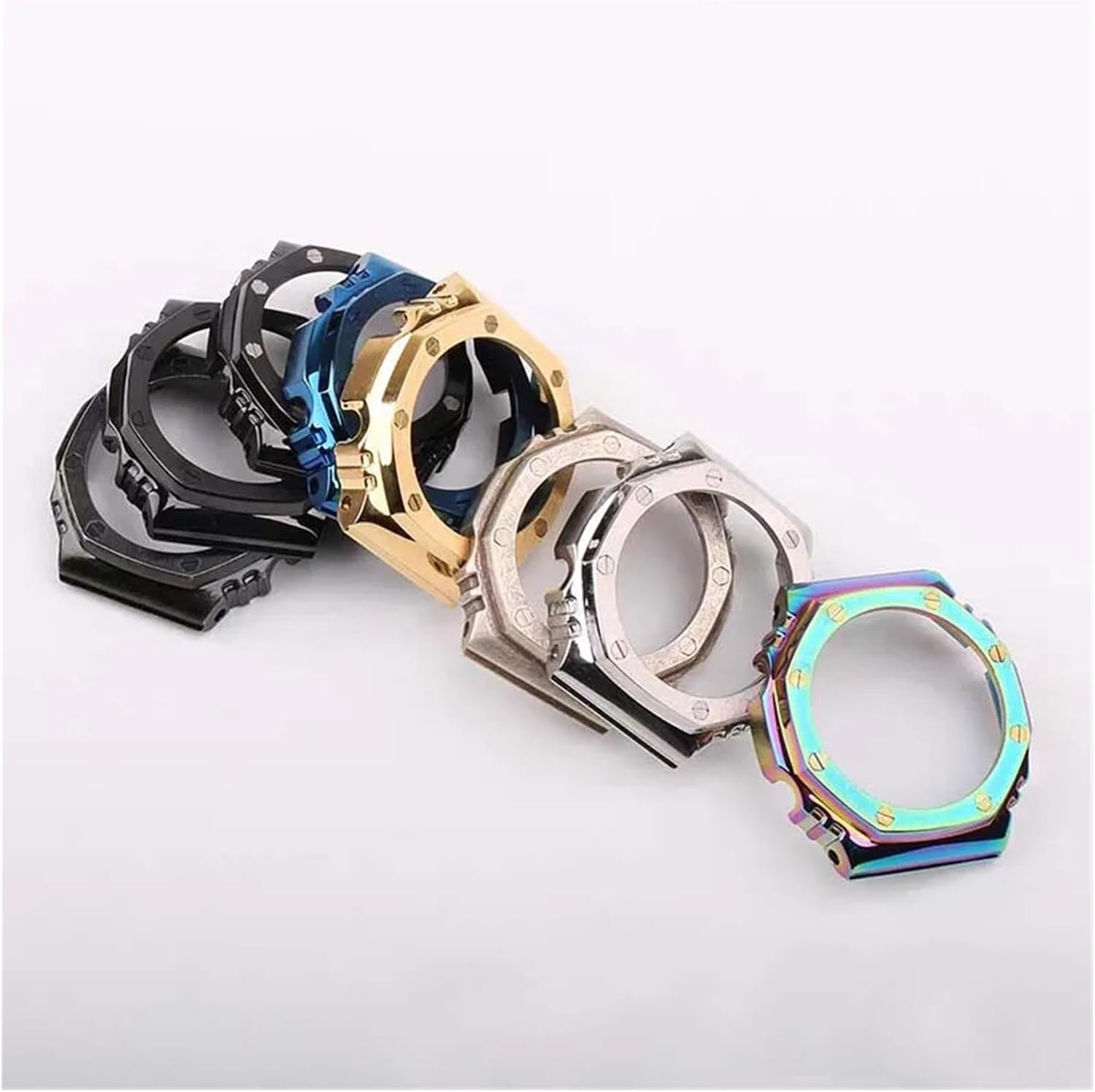Stainless Steel Metal Watch case Compatible for GA-2100 2110 GA-B2100 Men Women Waterproof Wristband Accessories(Black Silver Nail)