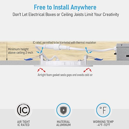 Miniatura 8 de TORCHSTAR Paquete de 12 luces empotrables LED ultrafinas de 4 pulgadas 5CCT con caja de conexiones, aluminio, 2700K3000K3500K4000K5000K, 5%-100%