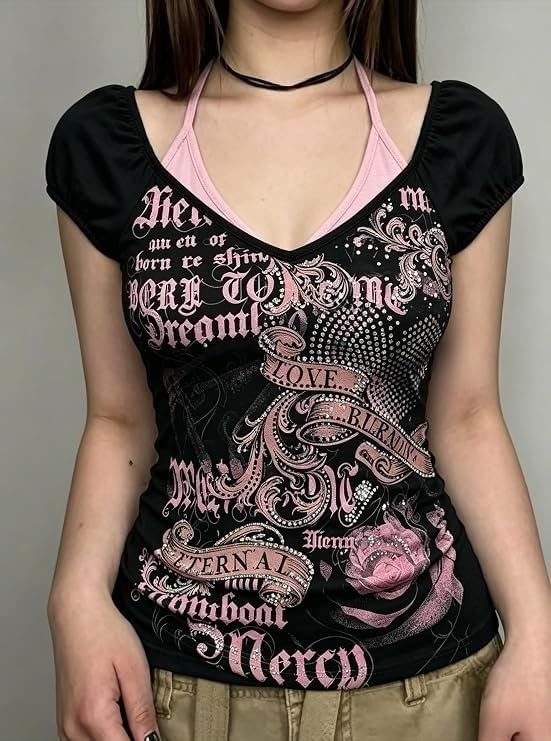 Image of Kawaii Cutecore Harajuku Vintage Y2k 2000s Tops Summer Goth Emo Alt Short Sleeve Graphic Tee
