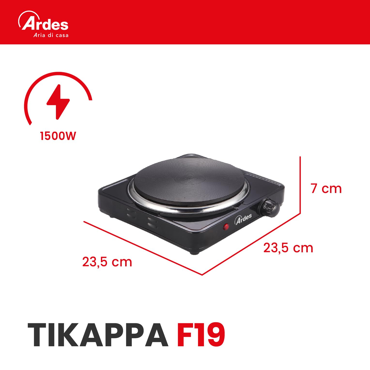 ARDES Hornillo eléctrico 1 placa de fundición para cocinar, de 1500W en Acero Pintado Diámetro Placa 18,5 cm y Termostato de Regulación Modelo TIKAPPA AR1F19 Negro
