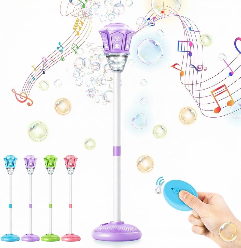 2026 New Automatic Bubble Machine, Standing Bubble Blower with Lights & Music, Adjustable Height Bubble Maker, Bubble Machine for Parties Birthday Wedding Outdoor (Purple)