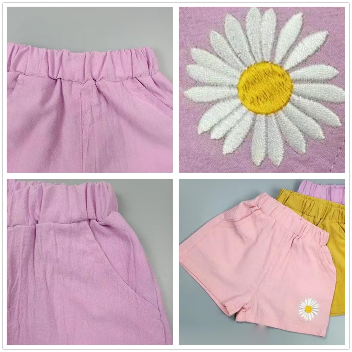 3er Pack Mädchen Shorts Hotpants Sommer Baumwolle Leinen Kurze Hosen mit Daisy Stickerei Baby Kinder Sommerhosen Leichte Atmungsaktive Einfarbige Lässige Kurz Hose Gr. 86/98/104/116/128/134/146